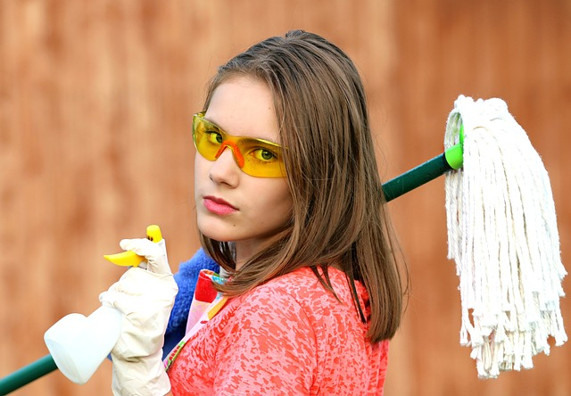 girl, goggles, mop